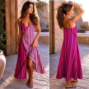 European Summer XL Pink Stripe Linen Blend Wrap Coastal Resort Luxe Maxi Dress